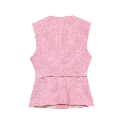 RAFZNB Fashion with Belt Waistcoat for Women Spring O Neck Sleeveless Single Breasted Slim Vest Casual Female Outerwear Chic Top