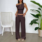 Two Piece Set Women Outfit  Summer New Solid Color Slanted Collar Tank Top & High Waist Casual Wide Leg Long Pants Set