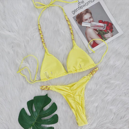 Metal Ring Halter Scrunch Butt Thong Bikini Women Swimwear Female Swimsuit Two-pieces Bikini set Bather Bathing Suit Swim V4391