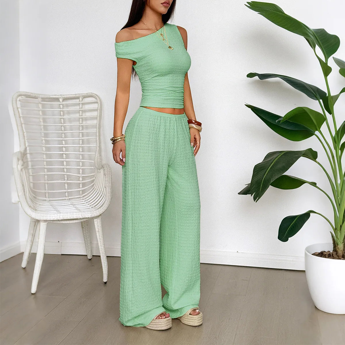 Two Piece Set Women Outfit  Summer New Solid Color Slanted Collar Tank Top & High Waist Casual Wide Leg Long Pants Set