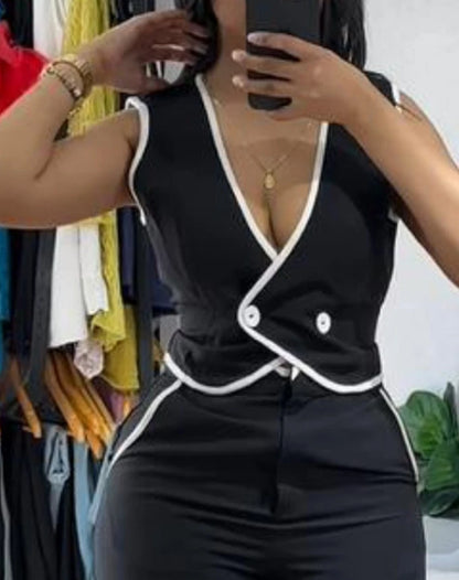 New Fashion 2024 Summer Casual Sexy Elegant V-Neck Buttoned Vest Top & Pocket Design Pants Set Womens Two Piece Sets Outfit