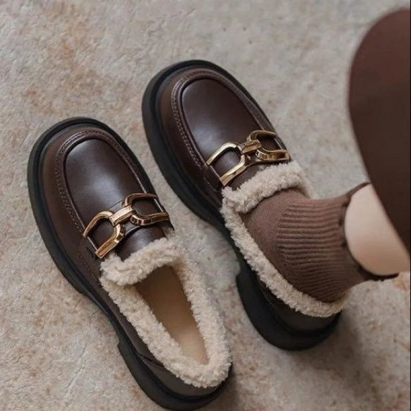 Women's Fur Lined Loafers Chunky Platform Winter Shoes Horsebit Slip On  Comfortable Flats