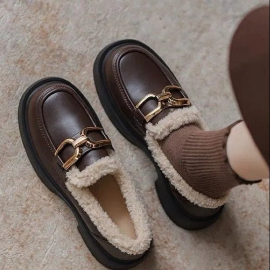 Women's Fur Lined Loafers Chunky Platform Winter Shoes Horsebit Slip On  Comfortable Flats