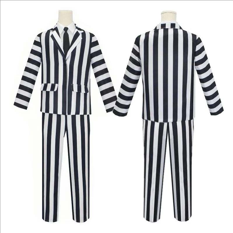 Anime Cosplay Beetle Juicee Men Black and White Striped Suit Scary Halloween Costumes Tie Shirt for Cosplay Party