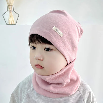 Autumn Winter Cotton Knit Children's Hat Collar 2 Set Boys and Girls Hats Set Baby Solid Color Scarf Cap two-piece