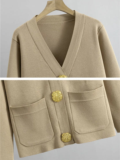 Women Elegant Knitted 2 Piece Sets Korean Knit Single Breasted Sweater Cardigan Tops Conjuntos High Waist Wide Leg Pants Outfit