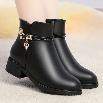 Winter Soft Leather Furry Short Boots for Women - Chunky Heel Warm Cotton Shoes, Flat Black Leather Mom Shoes