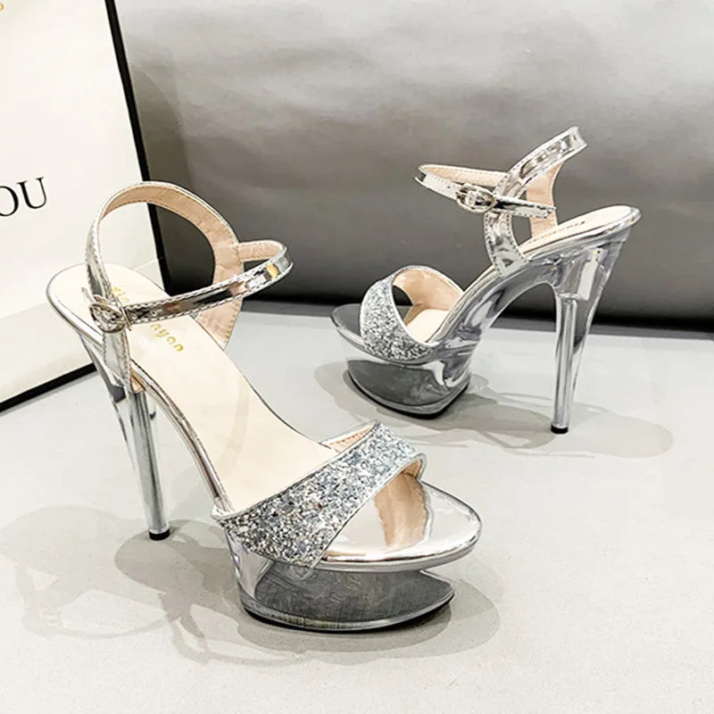 Black Platform Sandals Women's Party Dress Elegant High Heels Summer New Stiletto Shiny Sequins Wedding Shoes Zapatillas Mujer