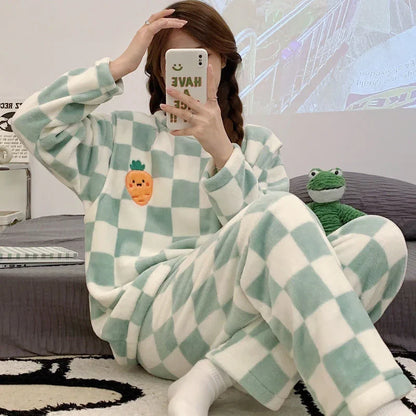Thickened Warm Flannel Women Sleepwear Homewear for Winter O-Neck Tops and Trousers Nightwear Loungewear Two-Piece Set Pajamas