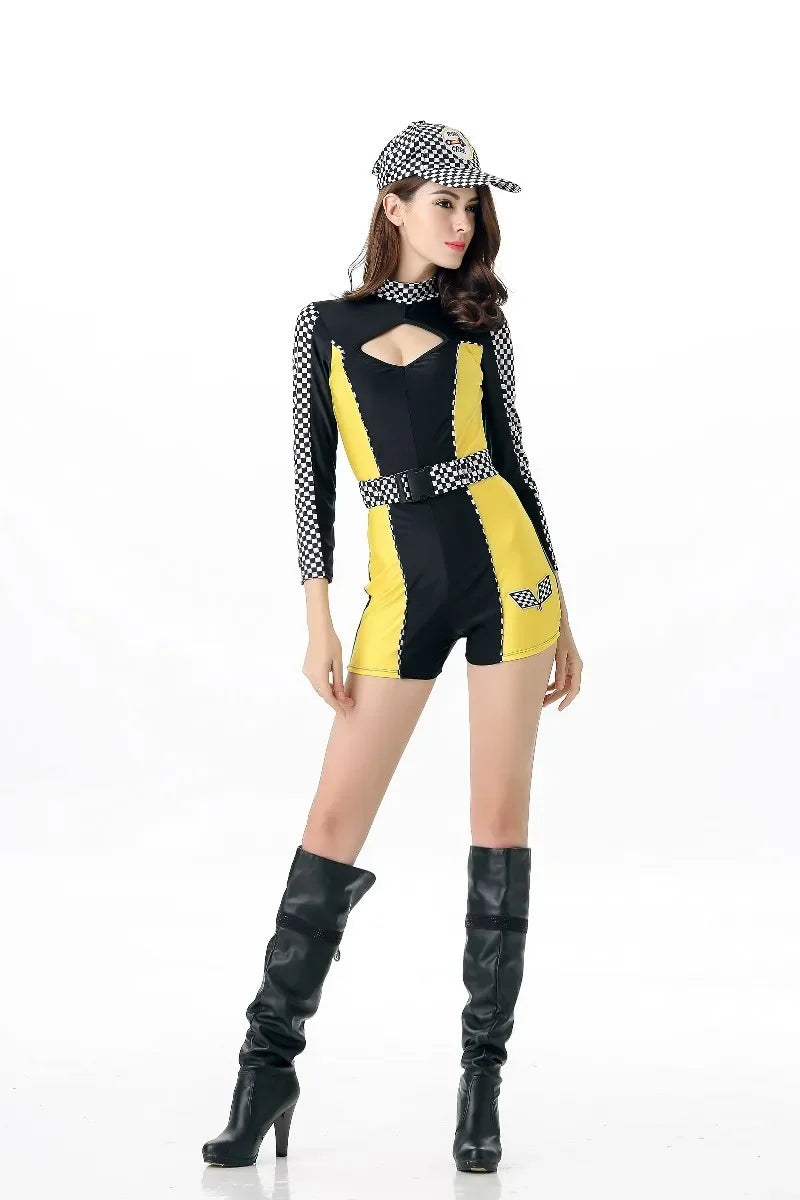 Women Sexy Race Costume Long Sleeves Car Driver Bodysuit with Hat Racing Girl Bodysuit Cosplay Game Uniform