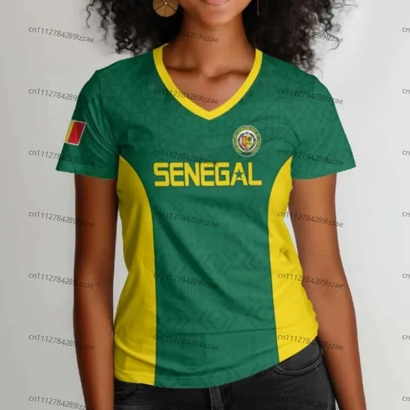 Women's Senegal Football Jersey V-Neck Tee African Team Pride Graphic Print Casual Breathable Sportswear Summer World Cup Fan Ge
