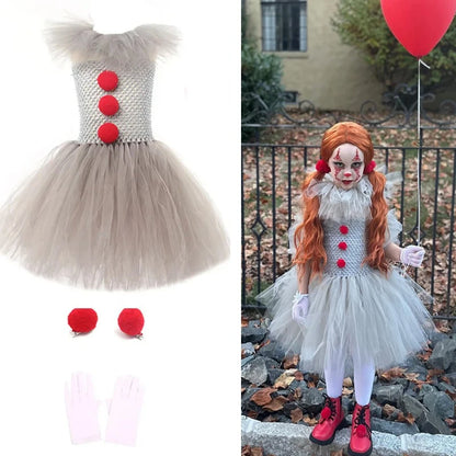 Halloween Horror Clown Pennywise Devil Spooky Costume Kids Girls Tulle Dress Joker Gothic Evil Carnival Outfit Tutu Dress Child