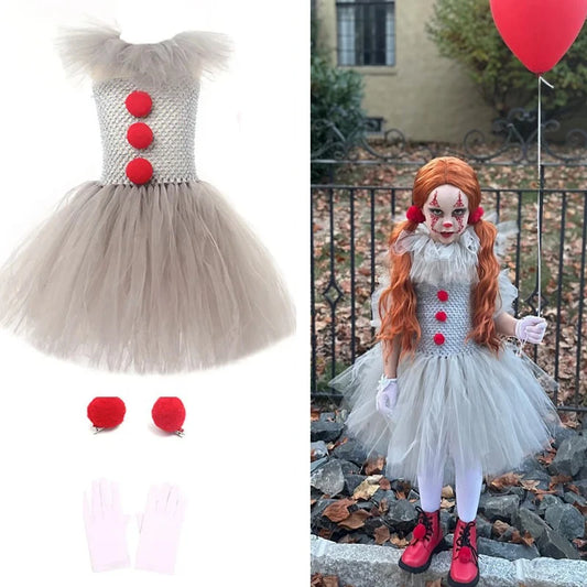 Halloween Horror Clown Pennywise Devil Spooky Costume Kids Girls Tulle Dress Joker Gothic Evil Carnival Outfit Tutu Dress Child