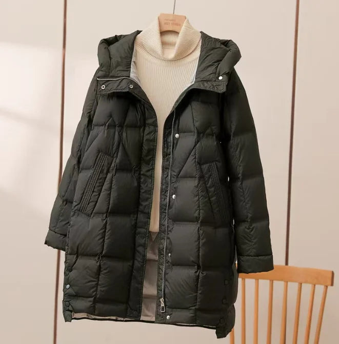 Winter Long 90% White Duck Down Jacket Women Hooded Zipper Puffer Coat Casual Warm Loose Puffer Feather Parka