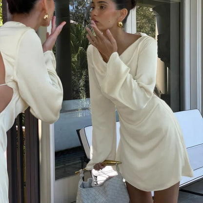 Tuularose Satin Backless Dress Women's Sexy Hollow Lace Up Long Sleeve A-Line Short Dress Elegant Swing Neck Party Evening Dress