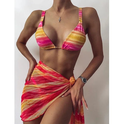 3 Piece Bikini Set Sexy Swimwear Swimsuit Women Triangle Leopard Rainbow Tie Dye Bikinis Set Bathing Suit Beach Skirt Cover Up