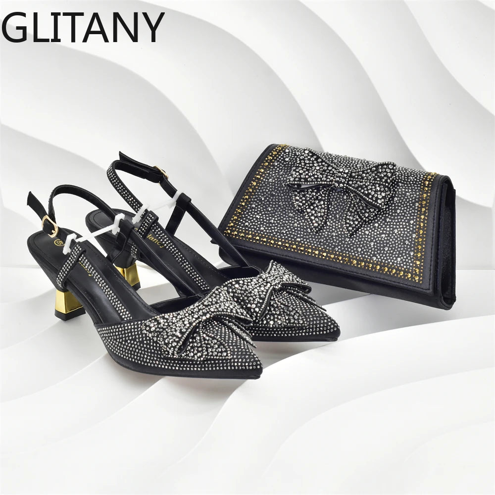 2025 Fashiona Banquet Exquisite Party Top Luxury Pointed Toe Bowtie Bright Diamond Summer Women's High Heels Shoes and Bags Set