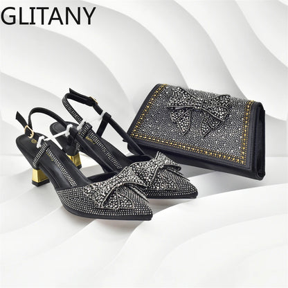 2025 Fashiona Banquet Exquisite Party Top Luxury Pointed Toe Bowtie Bright Diamond Summer Women's High Heels Shoes and Bags Set