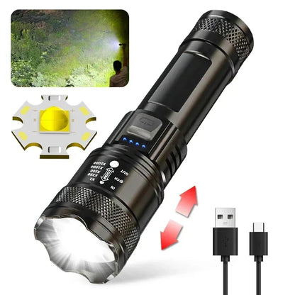 High Strong Power Led Flashlights 2000LM Tactical USB Charging Camping Emergency Fishing Zoom Lantern Torch with Display Light