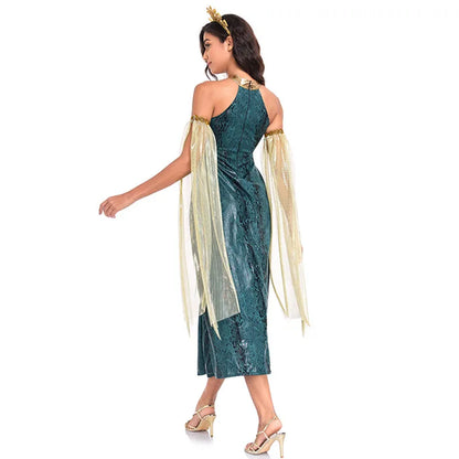 Women Retro Medusa Snake Costume With Headband Sexy Snake Demon Goddess Roleplay Long Slit Dress Halloween Cosplay Party Costume