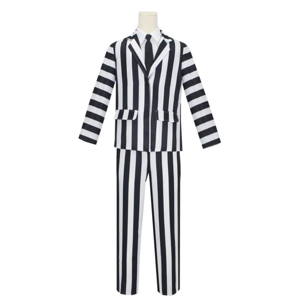 Anime Cosplay Beetle Juicee Men Black and White Striped Suit Scary Halloween Costumes Tie Shirt for Cosplay Party
