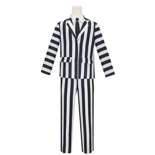 Anime Cosplay Beetle Juicee Men Black and White Striped Suit Scary Halloween Costumes Tie Shirt for Cosplay Party