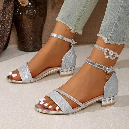 Summer Plus Size Women's Modern Cover Heel Sandals Fashion Ankle Buckle Strap Shoes Bling Crystal Low Heel Dress Sandals