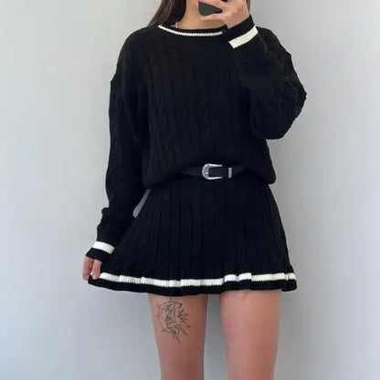 Two Piece Set Women Outfit Spring Autumn New Round Neck Twists Knitted Sweater & High Waist Ruffles Hem Mini Skirt Set