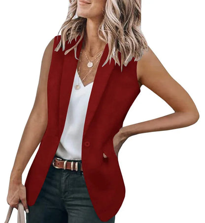 2023 Autumn New Style Sleeveless Solid Color Suit Collar Loose Cardigan Women's Wear