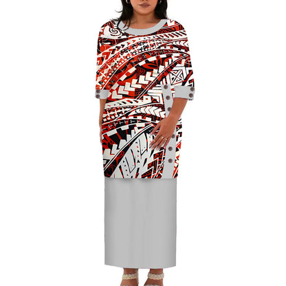Hawaii Style Design Big Size Ladies Long Dress Custom Polynesian Puletasi Ptaha Dress O Neck Prom Clothes 2 Piece Outfits Sets
