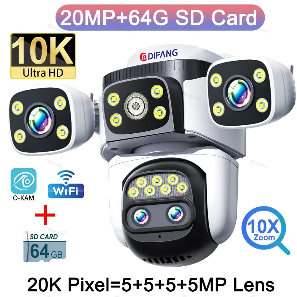 10K WiFi Cam 20MP Wireless Outdoor 10X Zoom Three Screen Four Lens 720° PTZ Automatic Tracking Waterproof Security Camera CCTV