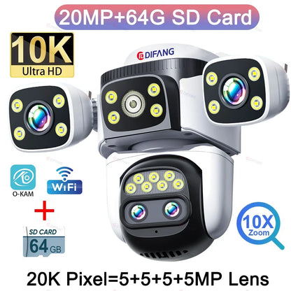10K WiFi Cam 20MP Wireless Outdoor 10X Zoom Three Screen Four Lens 720° PTZ Automatic Tracking Waterproof Security Camera CCTV