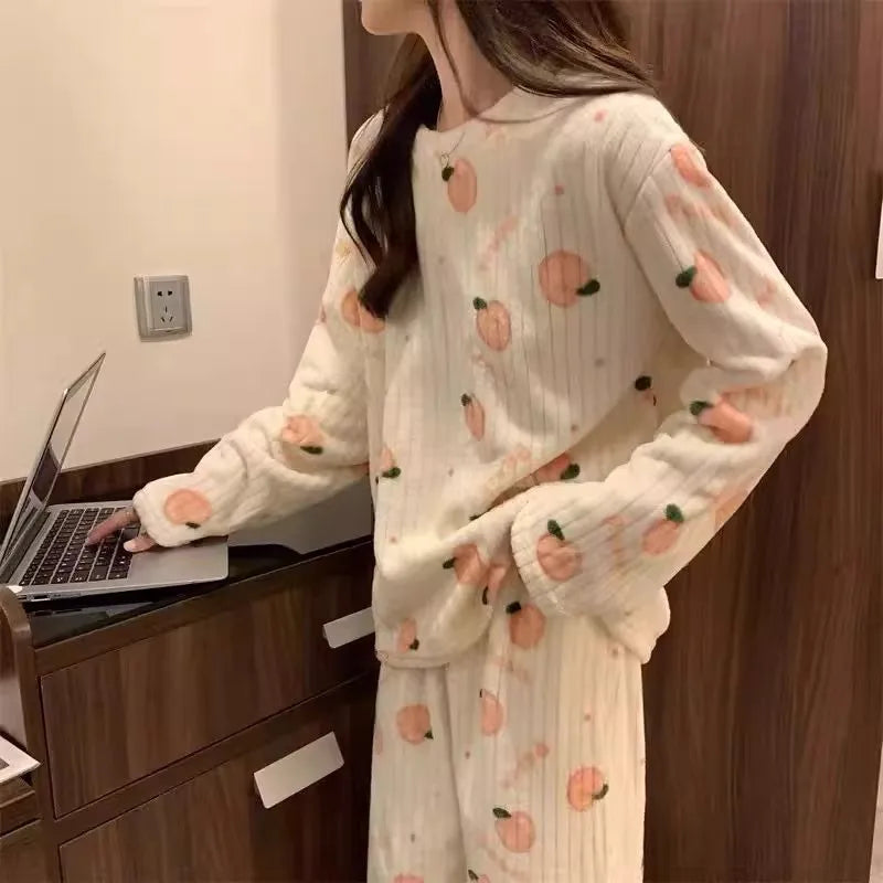 Adorable Sweet Coral Fce Thiened Autumn Winter Spwear Women's Casual Home Clothes Set Long Pants Comfortable Leisure ...