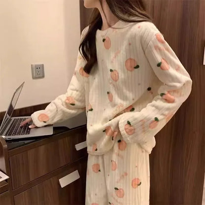 Adorable Sweet Coral Fce Thiened Autumn Winter Spwear Women's Casual Home Clothes Set Long Pants Comfortable Leisure ...