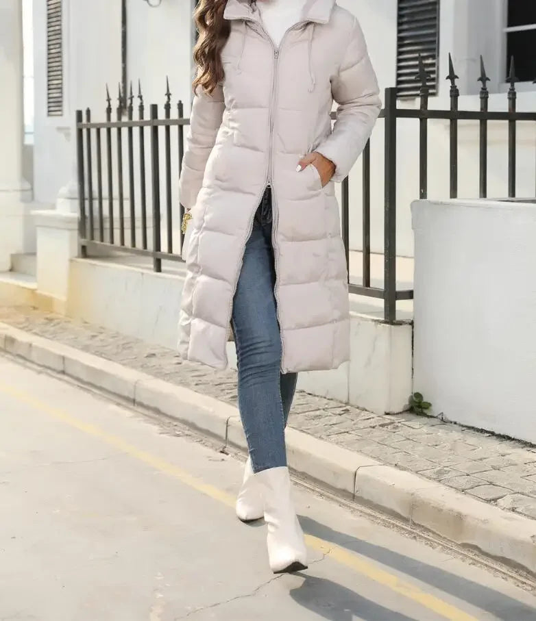New Hooded Down Coats Women Medium Long Slim Fit Down Parkas Winter Warm Solid Casual Zipper Coat Stylish Outwear Autumn Jackets