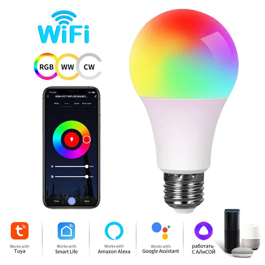 Tuya WiFi Smart Bulb RGB LED Light Bulbs 220V 110V 10W 15W 20W E27 LED Lamp Smart Life APP Alexa Google Home Alice Voice Control