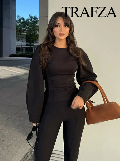 TRAFZA Women New Fashion Slimming 2-Piece Set Double-Sided Fabric O-Neck Long-Sleeve Top+Elegant Stretch Long Pants Female Suit