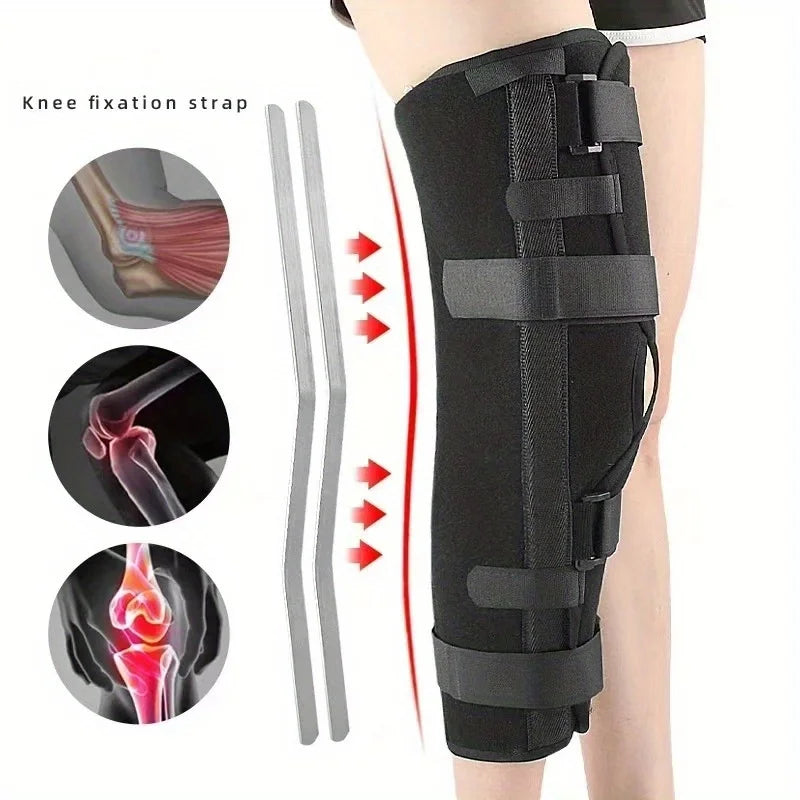 Adjustable Knee Ligament And Meniscus Stabilizer with a Long Leg Support Strap, Featuring Plates And a Buckle Closure