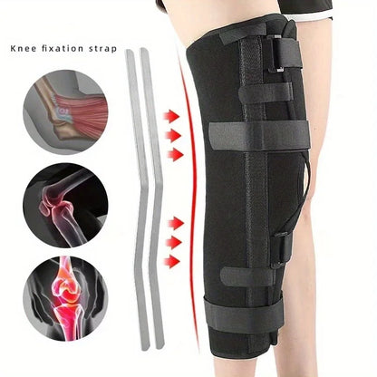 Adjustable Knee Ligament And Meniscus Stabilizer with a Long Leg Support Strap, Featuring Plates And a Buckle Closure