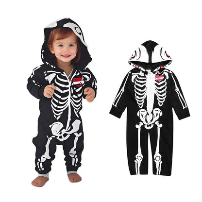 Baby Skeleton Costume Romper Outfit Boys Scary Costume Hoodie Jumpsuit Infant Toddler Purim Halloween Party Horror Fancy Dress