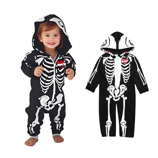 Baby Skeleton Costume Romper Outfit Boys Scary Costume Hoodie Jumpsuit Infant Toddler Purim Halloween Party Horror Fancy Dress