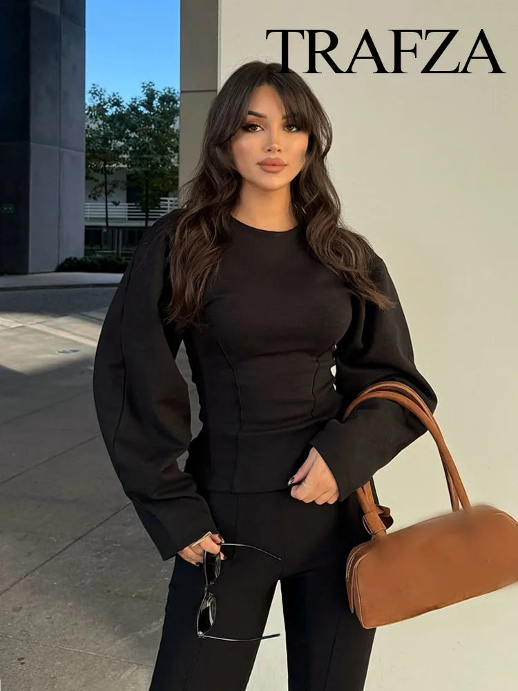 TRAFZA Women New Fashion Slimming 2-Piece Set Double-Sided Fabric O-Neck Long-Sleeve Top+Elegant Stretch Long Pants Female Suit