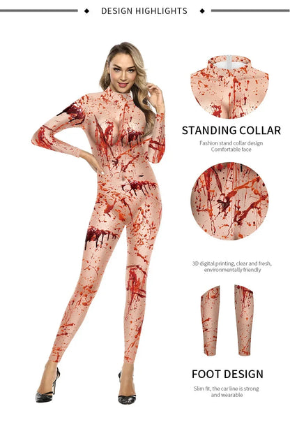Women's Halloween Horror Role Bloodstained Jumpsuit Scary Cosplay Costume Bodysuit Uniform for Party