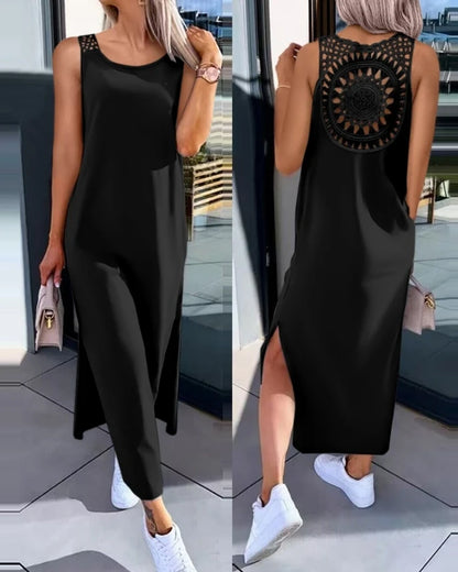 Womens Dresses Summer Fashion Slit Hollow-Out Casual Plain Round Neck Sleeveless Daily Straight Mid-Calf Dress