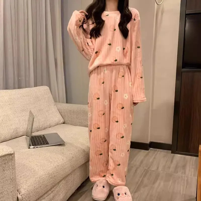 Adorable Sweet Coral Fce Thiened Autumn Winter Spwear Women's Casual Home Clothes Set Long Pants Comfortable Leisure ...