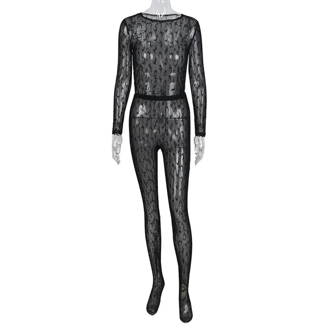 Sexy Streetwear Me See-tough Long Sve Set Pure Color round Ne Fitted Sle for Young Women 8-35 Summer Collection