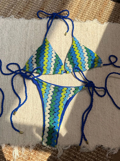 Colorful Halter Bikini Women Swimwear Female Swimsuit Two-pieces Bikini set High Leg Cut Padded Bather Bathing Suit Swim V6991