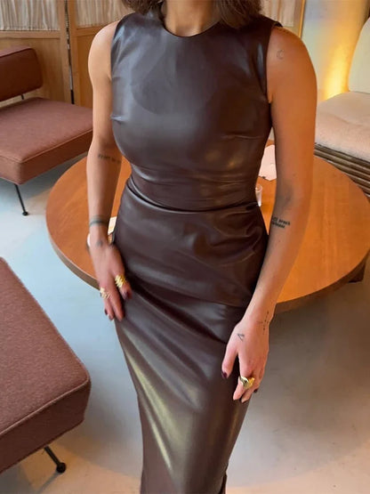 Trendix PU Elegant Maxi Dress For Women's Bodycon Pleated Sleeveless Long Dresses Vacation Casual Street High Waist Party Dress