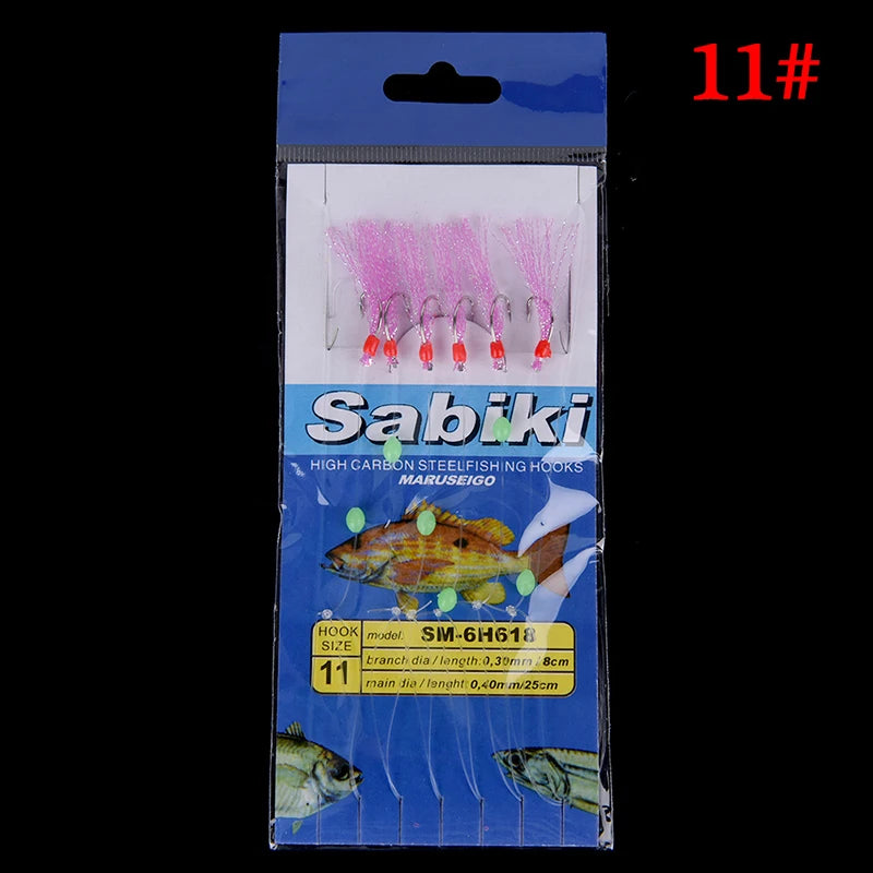 6pcs/set noctilucence Mackerel Feathers Bass Cod Sea Fishing Tackle Boat Luminous Fishing Hook Treble Fishing Lures