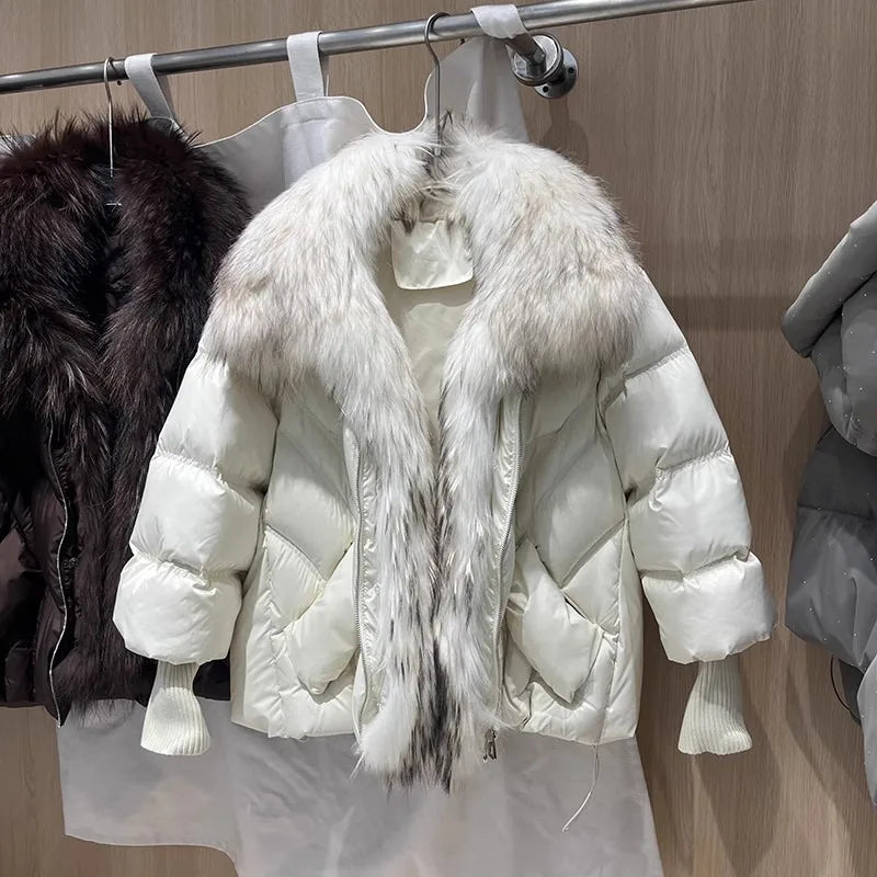 OFTBUY 2025 New Winter Large Real Raccoon Fur Puffer Coat Women Oversized Feather Down Parka Knit Sleeve White Duck Down Jacket